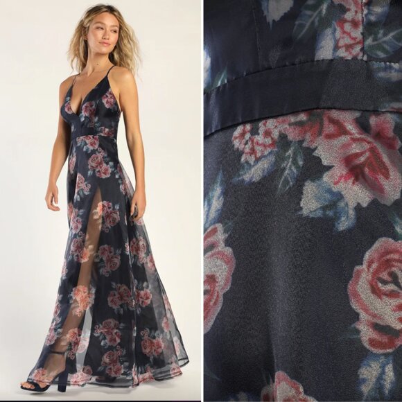 Lulu's Blooming Adoration Floral Organza Maxi Dress | Size Small - Picture 2 of 10